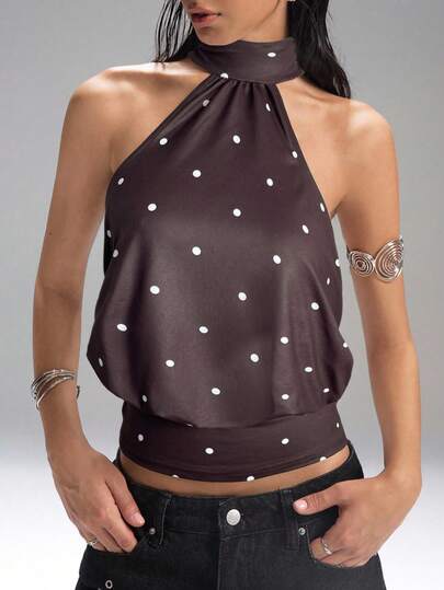 LYSMO Plus Size Women Casual Polka Dot Cropped Camisole Tank Top With Tie Back (Women)