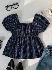 Sparklyn 女童复古甜美风上衣一件：珍珠饰边+白色波点，泡泡袖短袖方领收腰设计，轻薄不蓬松，宽松舒适，适合约会/日常穿着，春夏皆宜。 - 藏蓝色 - 查看 2
