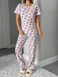 EURMUSE 纯棉两件套女士碎花图案短袖圆领衬衫和长裤家居服舒适睡衣套装 - 彩色 - 查看 4