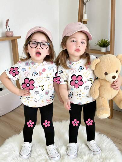SHEIN 2pcs Baby Girl Casual Creative Cute Cartoon Letter Graphic Print Short Sleeve T-Shirt & Leggings Outfit Set (2 Sets Sold Separately) Sibling Matching Outfits