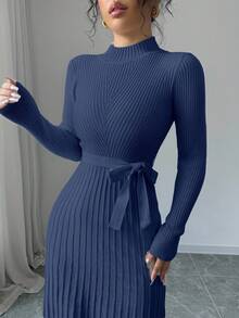 SHEIN Clasi 女士优雅纯色罗纹针织连衣裙，秋季 - 藍色 - 查看 6