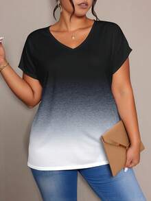 EMERY ROSE Camiseta de manga corta con cuello en V y bloque de color degradado, talla grande, para verano - Multicolor - Ver 5