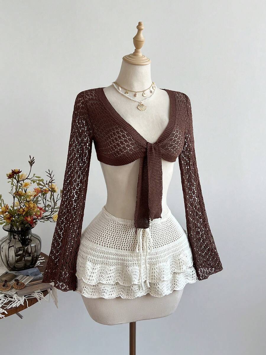 Elamini Áo khoác cardigan nữ màu nâu khoét rỗng, xuyên thấu, buộc dây, mỏng nhẹ, gợi cảm, thích hợp cho mùa hè đi biển. - màu nâu - Xem 1