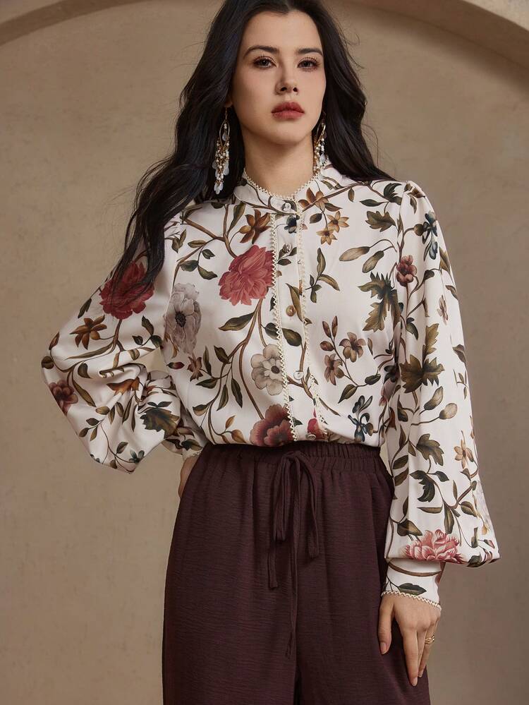 Women's Elegant Floral Print Stand Collar Puff Sleeve Lace Patchwork Blouse, Spring/Summer Long Sleeve