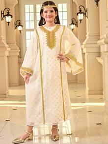 Tween Girl Loose Elegant V-Neck Gold Lace Trim Mesh Jacket & Polka Dot Dress Set - White - View 4