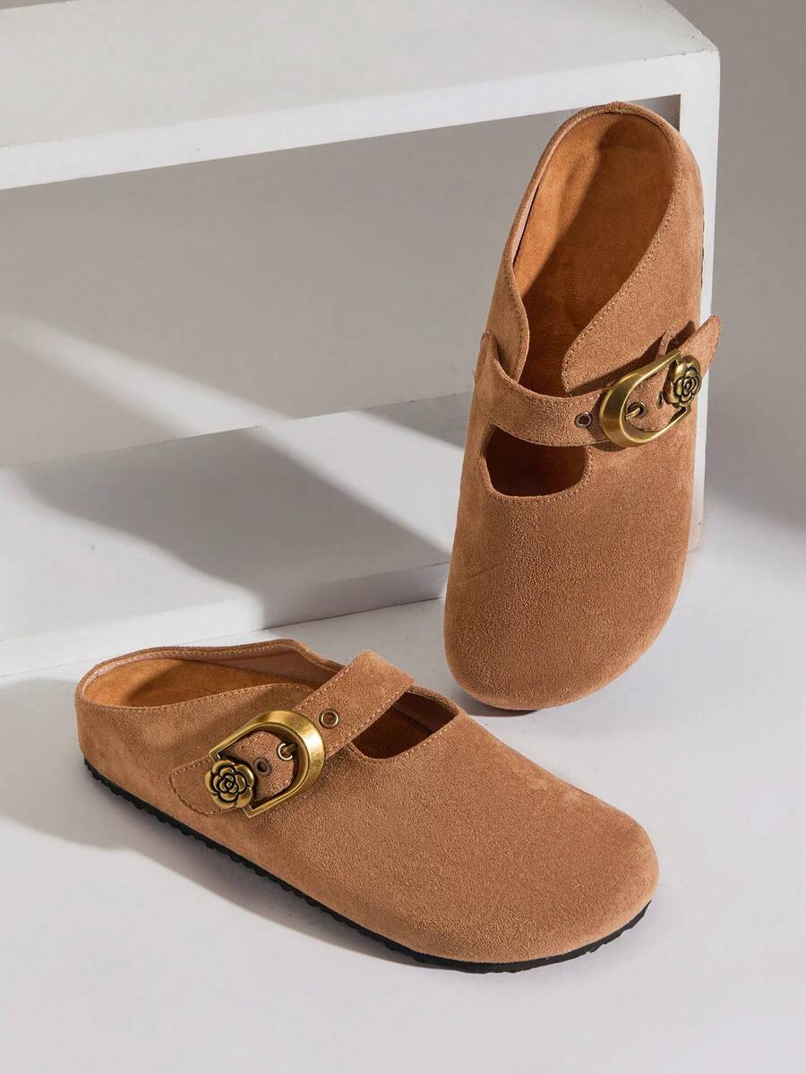 SHUZIA 女士休闲简约可调节搭扣平底拖鞋 - 米色 - 查看 1