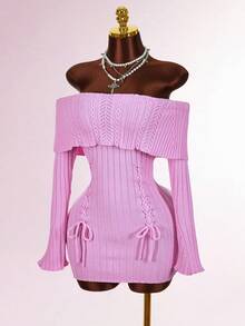 Amplova 露肩优雅日常长袖修身迷你针织连衣裙，配蝴蝶结肩带 - 粉色 - 查看 1