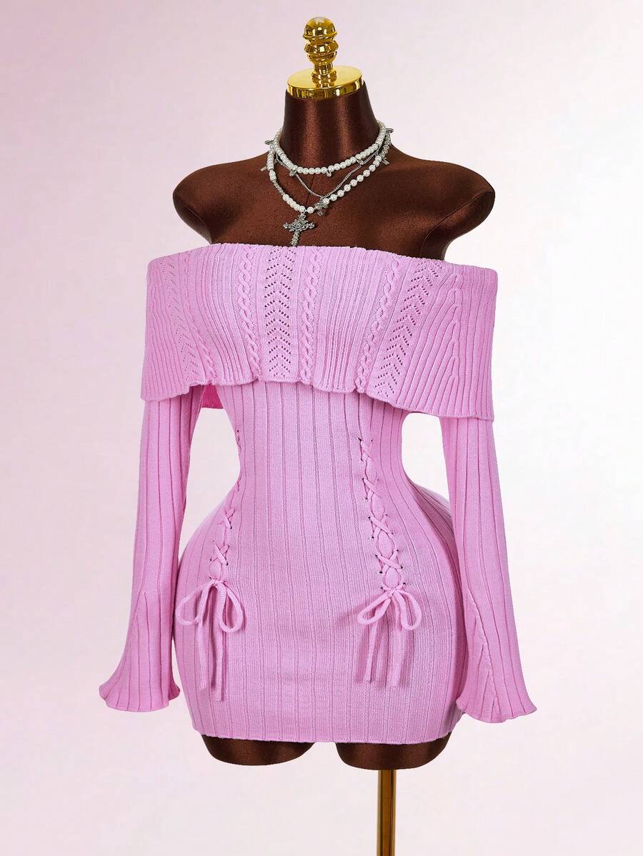 Amplova 露肩优雅日常长袖修身迷你针织连衣裙，配蝴蝶结肩带 - 粉色 - 查看 1