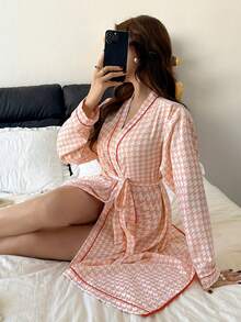 Dream Adore 经典千鸟格图案女士长袖睡袍 - 粉色 - 查看 2