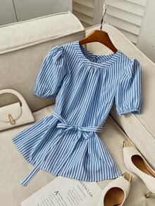 GlowEve Best-Selling Blue & White Striped Round Neck Tie-Waist Short Sleeve Shirt - Blue and White - View 5
