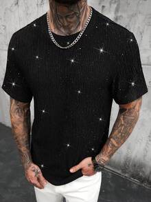 SLATEMANN Men's Comfortable Crinkle Fabric Glitter Short Sleeve Crew Neck T-Shirt,Casual Vacation Yamamoto Series Top For Party,Dining,Cocktail Party&Salon - Black - View 7