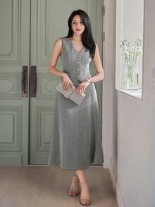 DAZY Women's Elegant Commuter Vest & Skirt 2 Pieces Set - Grey - View 3