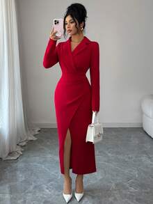 Elenzga Đầm nữ thanh lịch, thời trang, thoải mái, quyến rũ, cổ điển, đơn giản, cao cấp, tay dài, cổ ve lật, eo xếp ly, vạt bất đối xứng, xẻ tà, màu trơn. - Màu Đỏ Sâu - Xem 4