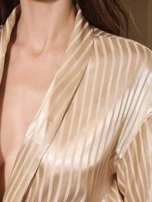 Maija Women's Striped Shawl Collar Long Sleeve Shirt And Loose Pants 2 Pieces Set Family Christmas Matching Pajamas Set Family Christmas Pajamas Casual Women Outfits Casual Terno Outfit For Women - Apricot - View 4