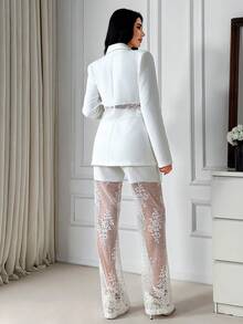 EURMUSE Women's Contrast Lace Irregular Collar Long Sleeve Blazer And Pants Elegant Suit Set - Multicolor - View 2