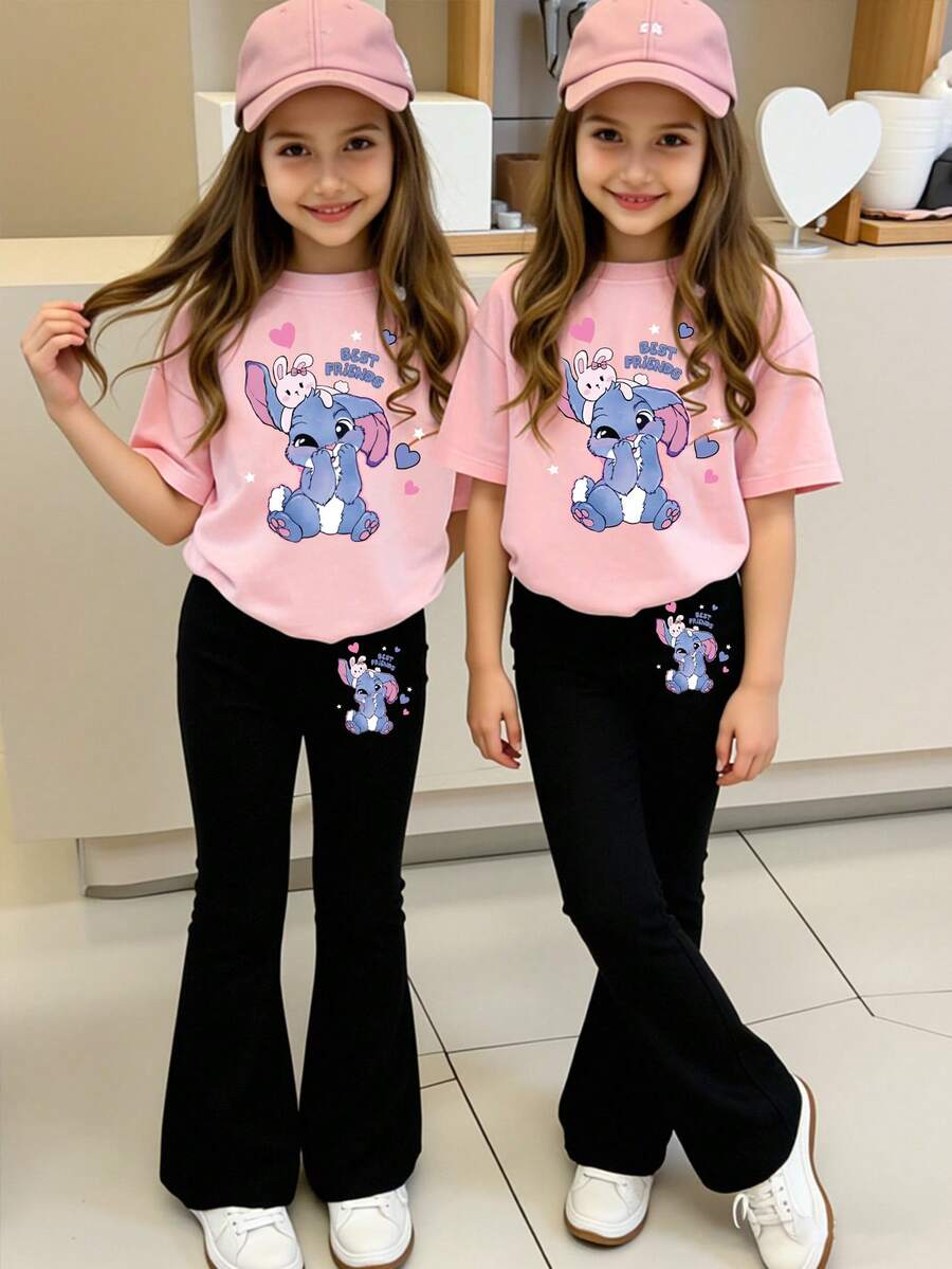 2 件套幼儿女童休闲可爱卡通白色和蓝色兔子心形字母印花短袖 T 恤和阔腿裤套装 - 彩色 - 查看 1