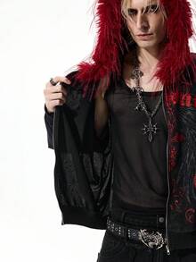 ROMWE MEN Goth Áo hoodie nam màu tối, viền lông mềm mại, có khóa kéo, kiểu dáng thường ngày, thích hợp cho mùa thu. - màu đen - Xem 12