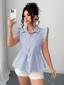 Elenzga Camisa azul a rayas con lazo en la espalda, elegante, de moda, casual, para vacaciones y para ir al trabajo - Azul - Ver 6