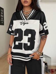 Coolane 女士春夏Y2K街头复古透气网眼印花数字图案足球T恤 - 黑色 - 查看 4