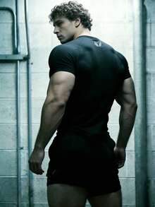 GymBeat 男士圆领翼纹印花休闲日常运动短袖T恤健身压缩衣男士健身衫压缩T恤男士运动T恤压缩T恤男士压缩衣 - 黑色 - 查看 3