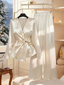 GlowEve CURVE Women's Autumn/Winter Minimalist V-Neck Twist Asymmetric Top And Wide Leg Pants Set, Elegant 2-Piece Casual Outfit, Satin Casual Suit, Party Matching Set, Suitable For Daily Commute, Office, Teacher's Day - Apricot - View 3