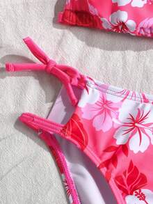 SHEIN Tween Girls' Summer Beach Vacation Cheerful Floral Print Peach Pink Camisole Bikini - Hot Pink - View 5