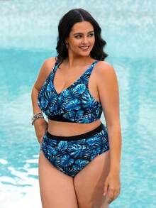 Swim Lushoire Plus Size Blue Tropical Palm Leaf Print Tankini Swimwear For Women, Halter V-Neck Swimwear, Black Summer Beach Vacation Holiday Spa Resort - Multicolor - View 5