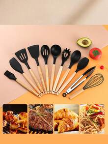 12 piezas Juego de utensilios de cocina de silicona con mangos de madera y cubo de almacenamiento - Negro - Ver 1