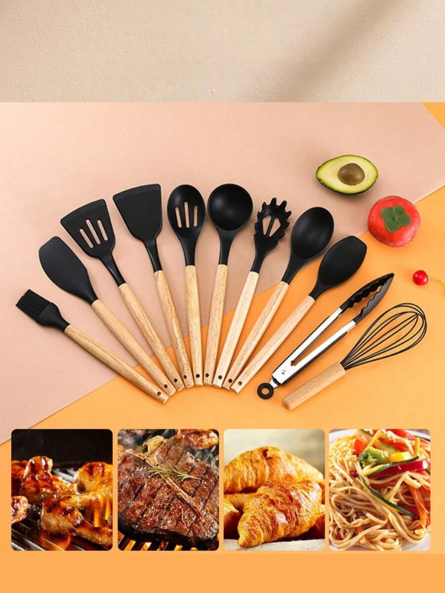 12 piezas Juego de utensilios de cocina de silicona con mangos de madera y cubo de almacenamiento - Negro - Ver 1