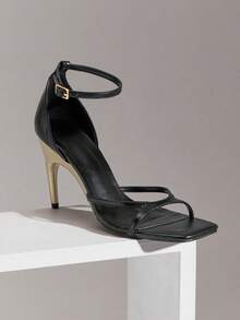SHUZIA Women's Elegant Minimalist Round Toe Ankle Strap Stiletto Heel Sandals - Black - View 7