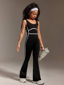 Mono negro ajustado para niñas preadolescentes, de tela elástica y de moda, con un ajuste favorecedor, para hacer ejercicio o uso diario casual - Negro - Ver 1