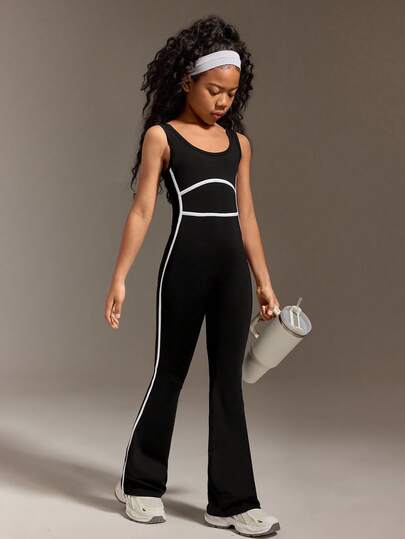 Mono negro ajustado para niñas preadolescentes, de tela elástica y de moda, con un ajuste favorecedor, para hacer ejercicio o uso diario casual