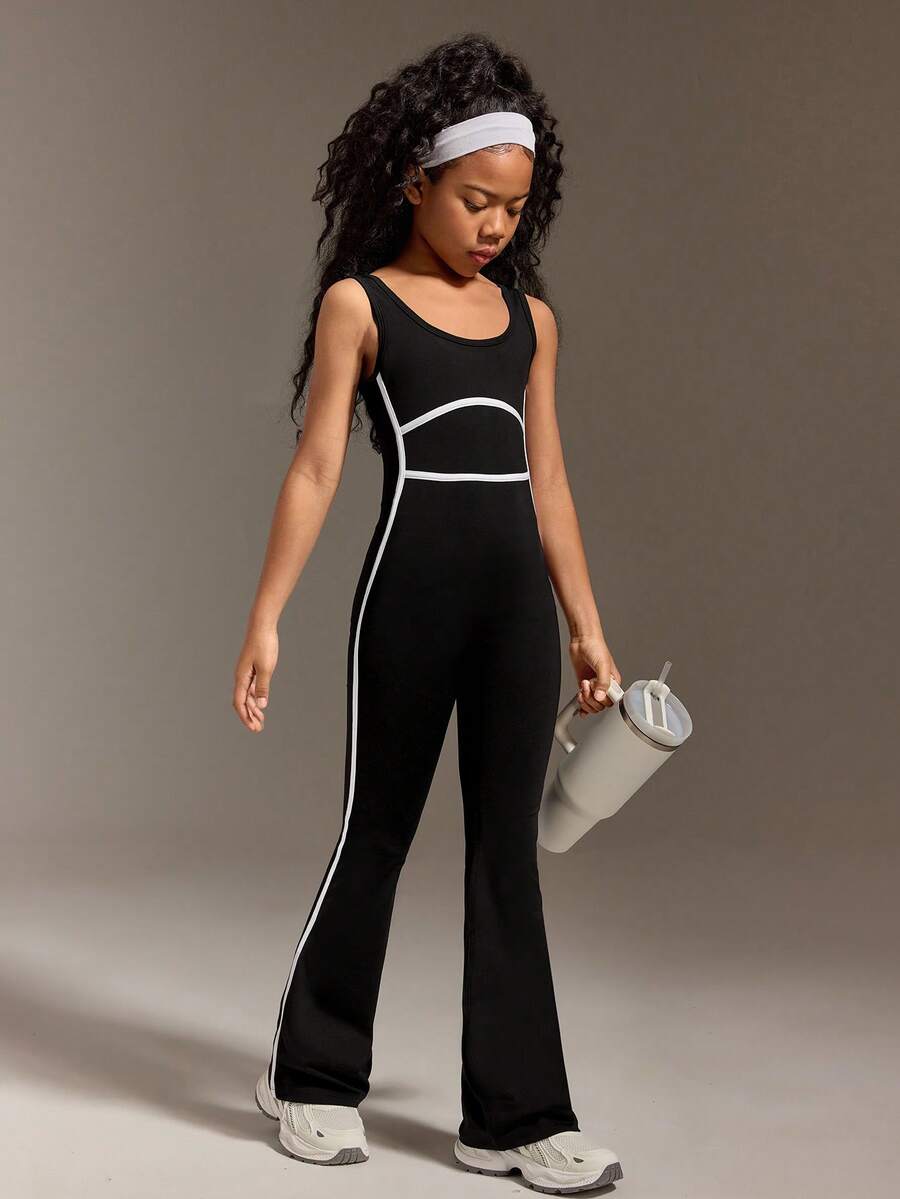 Mono negro ajustado para niñas preadolescentes, de tela elástica y de moda, con un ajuste favorecedor, para hacer ejercicio o uso diario casual - Negro - Ver 1