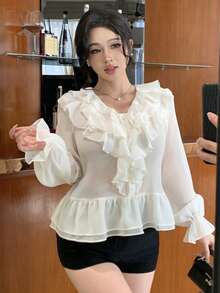 DAZY 女士优雅纯色荷叶边下摆衬衫，春夏款 - 白色 - 查看 7