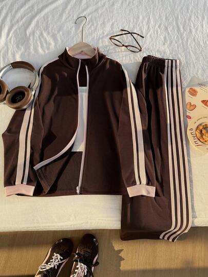 SHEIN Girls' 2-Piece Casual Fashion Set: Color-Blocking Webbing Zip-Up Top + Sporty Wide-Leg Long Pants, For Casual Wear, Spring/Fall Season, Back-To-School, Daily Use, Perfect Outdoor Outfit