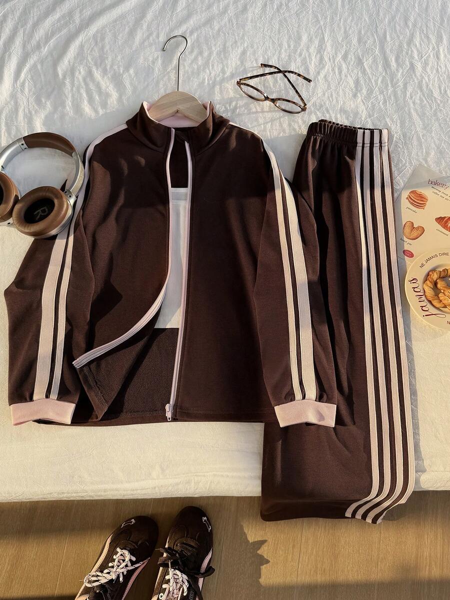 SHEIN 女童两件套休闲时尚套装：撞色织带拉链上衣 + 运动阔腿长裤，适合休闲穿着，春秋季节、返校季、日常穿着，完美的户外服装 - 咖啡棕 - 查看 1