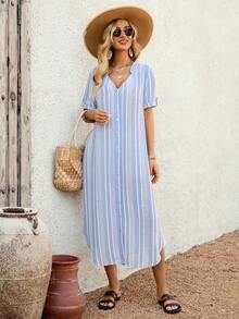 EMERY ROSE 女士条纹短袖单排扣休闲中长连衣裙 - 藍白色 - 查看 4