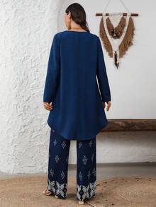 EMERY ROSE 女士度假休闲纯色衬衫和几何印花长裤两件套 - 藏蓝色 - 查看 2