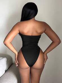 Alexandranx Streetwear 女式纯色仿 PU 亮面抹胸紧身衣，秋季 - 黑色 - 查看 2