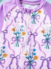 SHEIN Traje de baño de una pieza con estampado de moño púrpura de manga larga para niñas jóvenes, adecuado para vacaciones, natación, aguas termales, playa, surf, primavera/verano - Morado - Ver 5