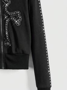 ROMWE Grunge Punk Sudadera con cremallera y remaches con estilo vintage punk para mujeres - Negro - Ver 4