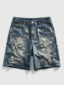 ROMWE MEN Grunge Punk Pantalones cortos de mezclilla con cinturón, con ojales y rotos para hombre - Azul - Ver 8