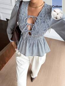 Serisse Women Casual Cotton Striped Knot Front Long Sleeve Casual Light Blue Blouse, Teacher Back To School,Fall Tops Winter Casual, Autumn/Winter, Thanksgiving, Casual Blouses For Women, School Shirt, Elegant Women's Blouses,Suitable For Everyday Outings And Commuting - Blue and White - View 5