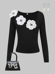SHEIN Tween Girl 3D Floral Decor Asymmetric Collar Long Sleeve Fashion T-Shirt - Black - View 7