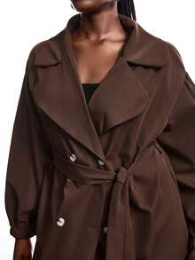 SHEIN EZwear 初秋棕色大码长款风衣 - 棕色 - 查看 3