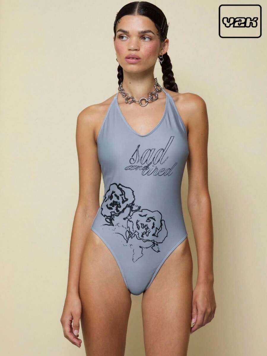 COUREZ V領印花泳衣 /Y2K度假穿搭 女士夏季服飾 海灘穿搭 性感頹廢風 - 白色 - 查看 1
