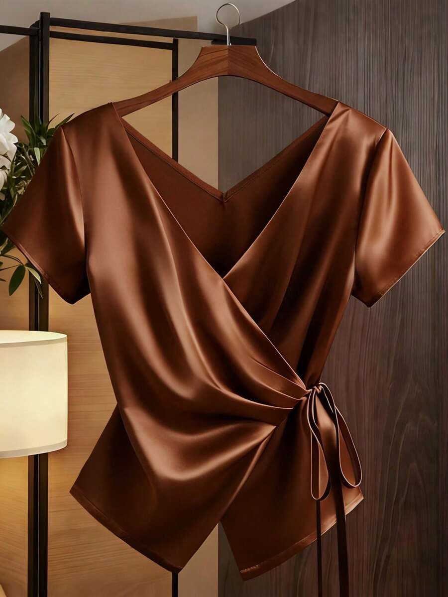 Franclia 女士荷叶边领蝴蝶结系带衬衫，夏季新款，府绸面料，适合通勤、度假、约会等场合。 - 棕色 - 查看 1