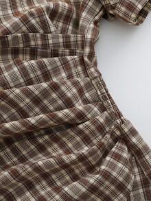 Franclia Summer New Women's Plaid Print V-Neck Lantern Sleeve Ruched Bodycon Mini Dress, Suitable For Work, School, Casual Wear, Women's Spring/Summer Clothing, Shirt Dress, Brown Plaid Pattern, Office Attire, Short Sleeve, Fitted Waist Design - Khaki - View 5