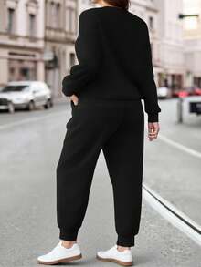 EMERY ROSE Plus Size Women's Thermal Lined Leopard Print Hoodie And Sweatpants Set With Pockets, Autumn/Winter - Black - View 2