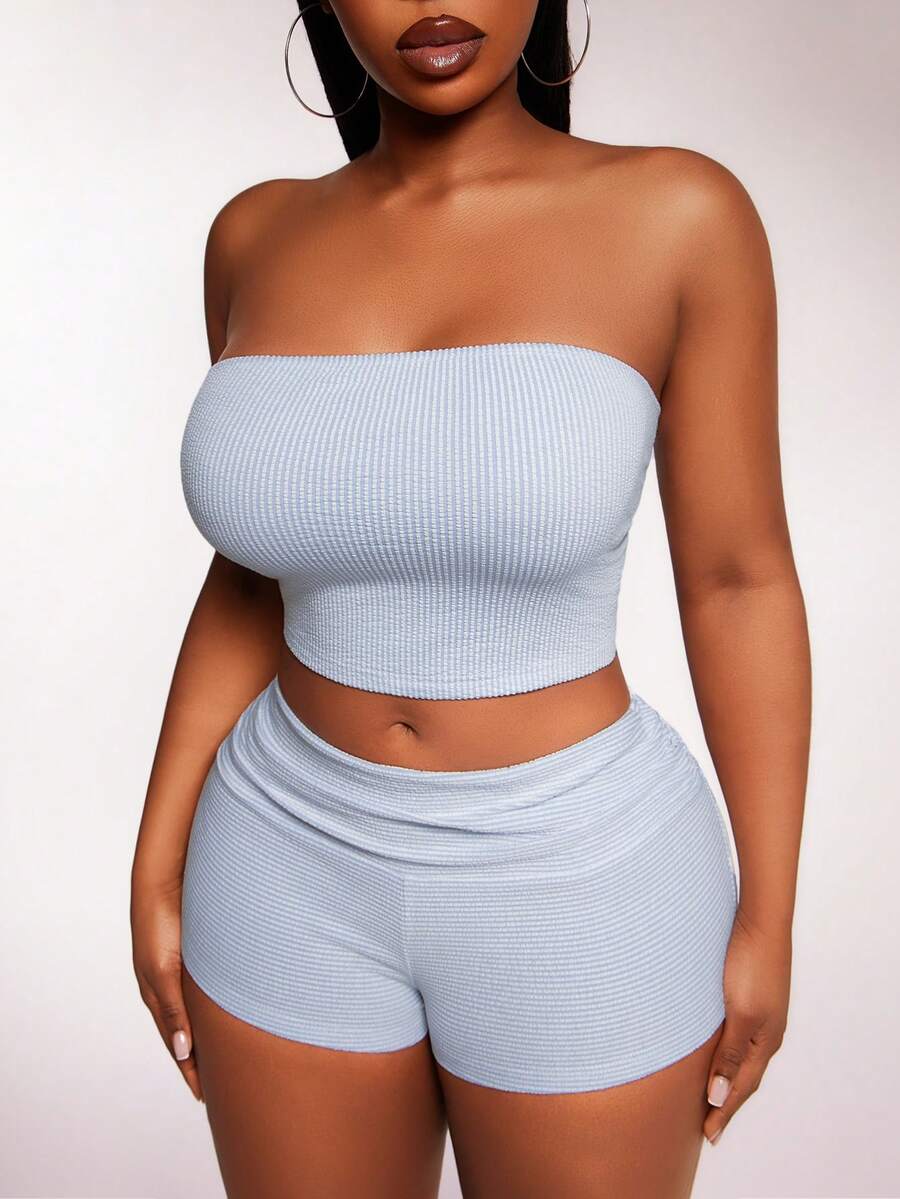 SHEIN SXY 大码女式条纹露脐抹胸上衣和短裤两件套，修身性感 - 藍白色 - 查看 1